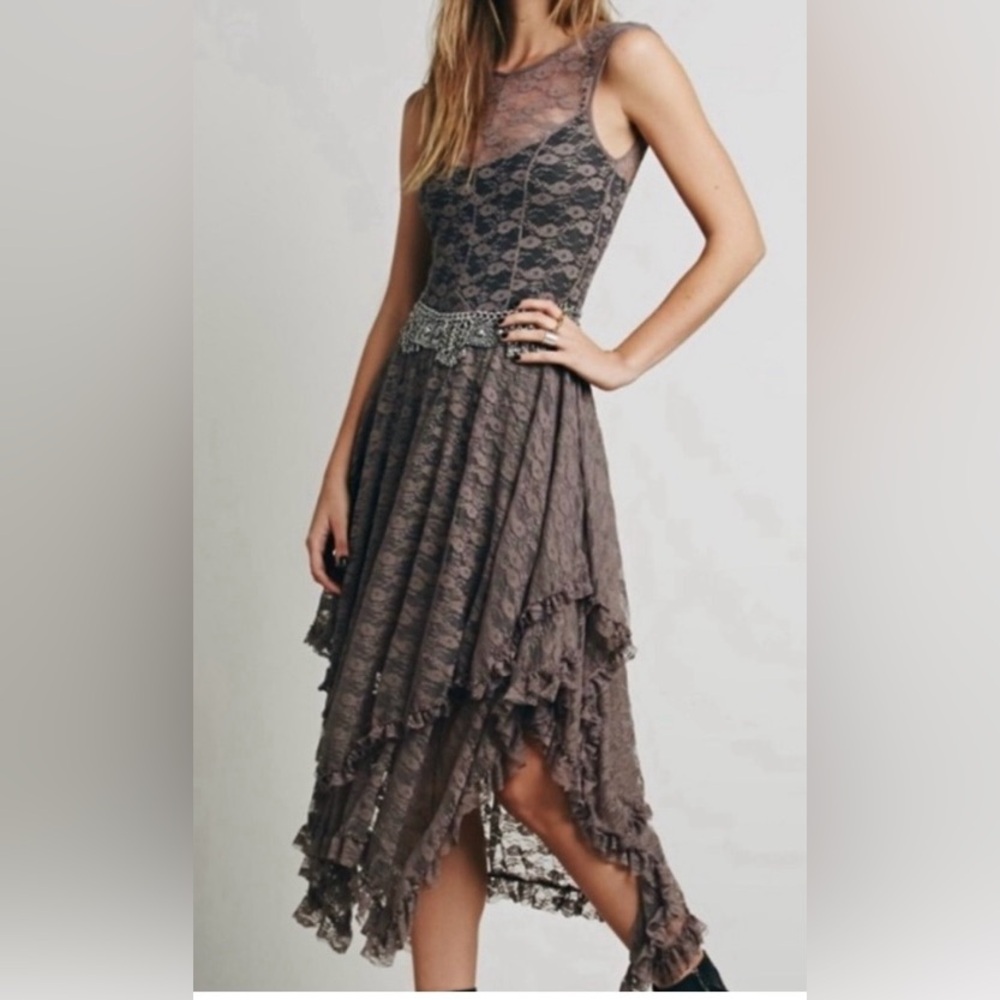 NWT Free People French Courtship Slip Dress Lace Sheer Midi Asymmetric Sz Sm